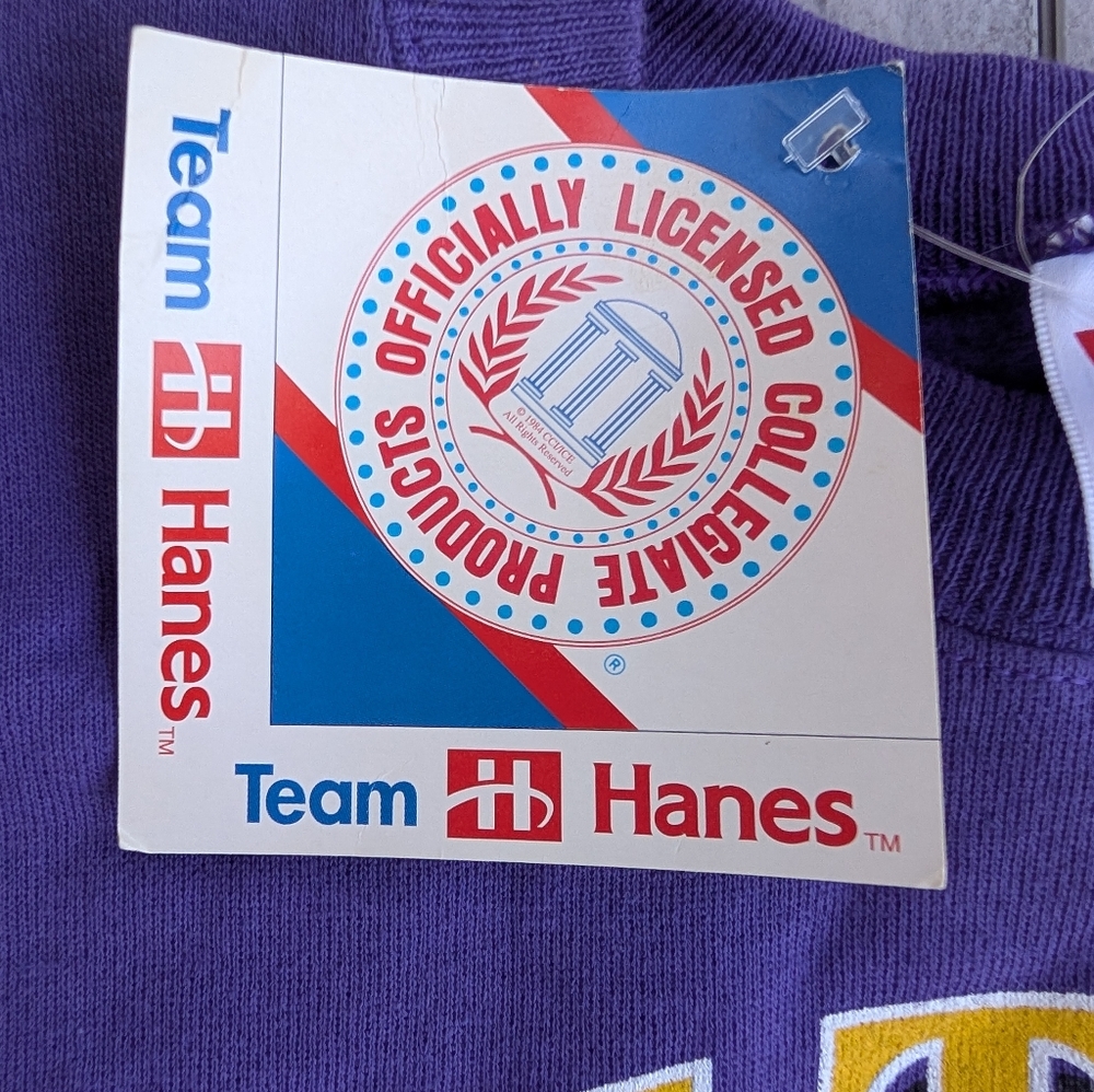 Vintage LSU Tigers Purple Yellow Tiger Hanes Crewneck Sweatshirt Medium NOS NWT - Picture 3 of 9